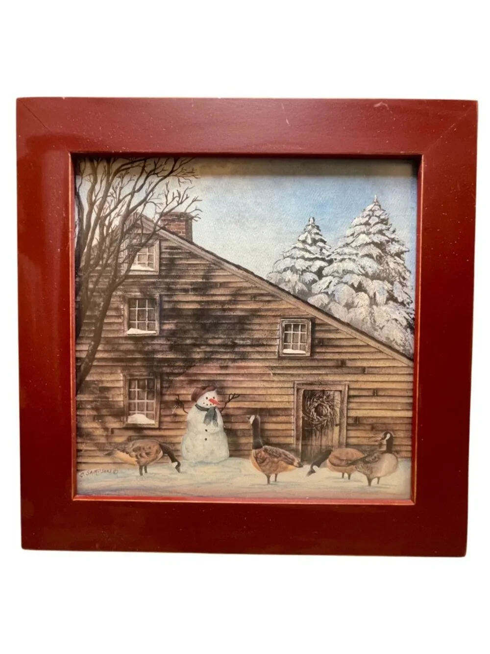 Framed Winter Scene Print by C. Sampson Featuring Snowman & Geese with Rustic Ba